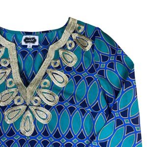 Mud Pie Women's Tunic Top, Geometric Print, Gold‎ Embroidered V-Neck, Size S